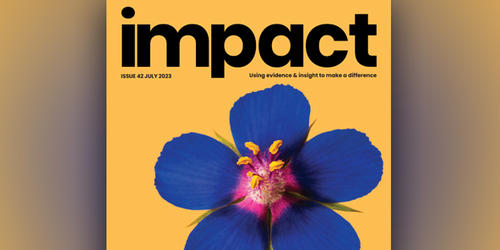 Impact July 2023 issue cover showing the Impact masthead and a blue flower against a yellow background, with the cover line 'Nourish to flourish'